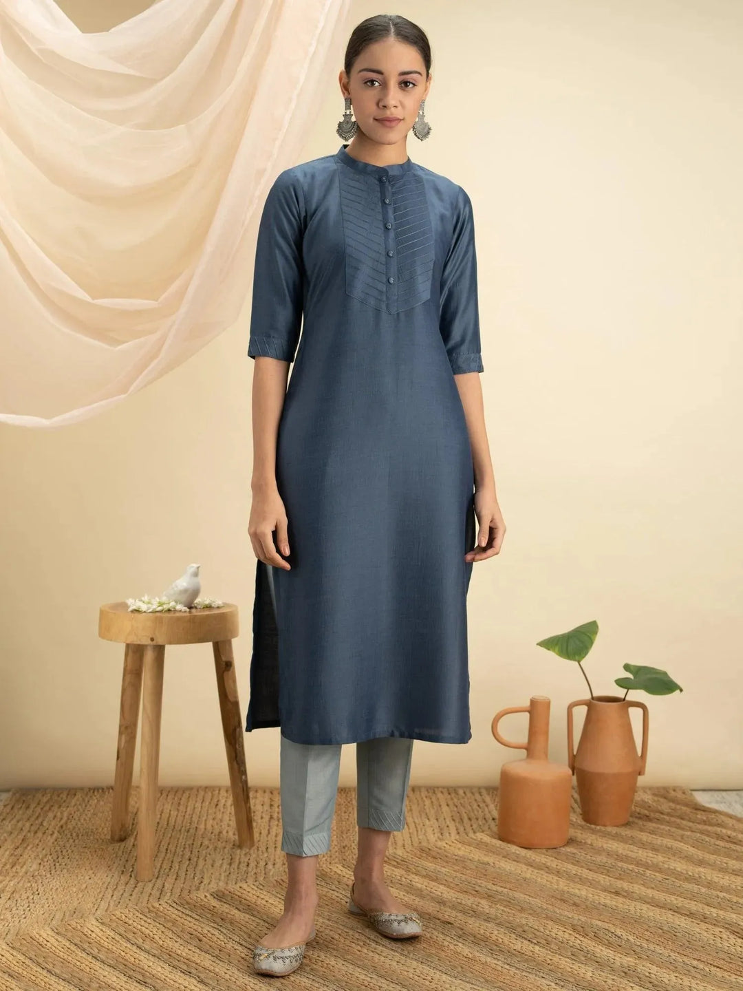 Blue Solid Silk Straight Kurta - Libas