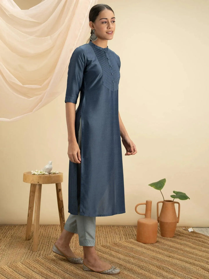 Blue Solid Silk Straight Kurta - Libas