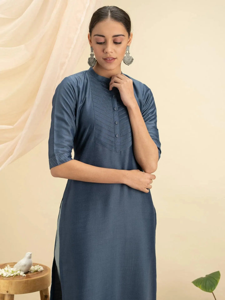 Blue Solid Silk Straight Kurta - Libas
