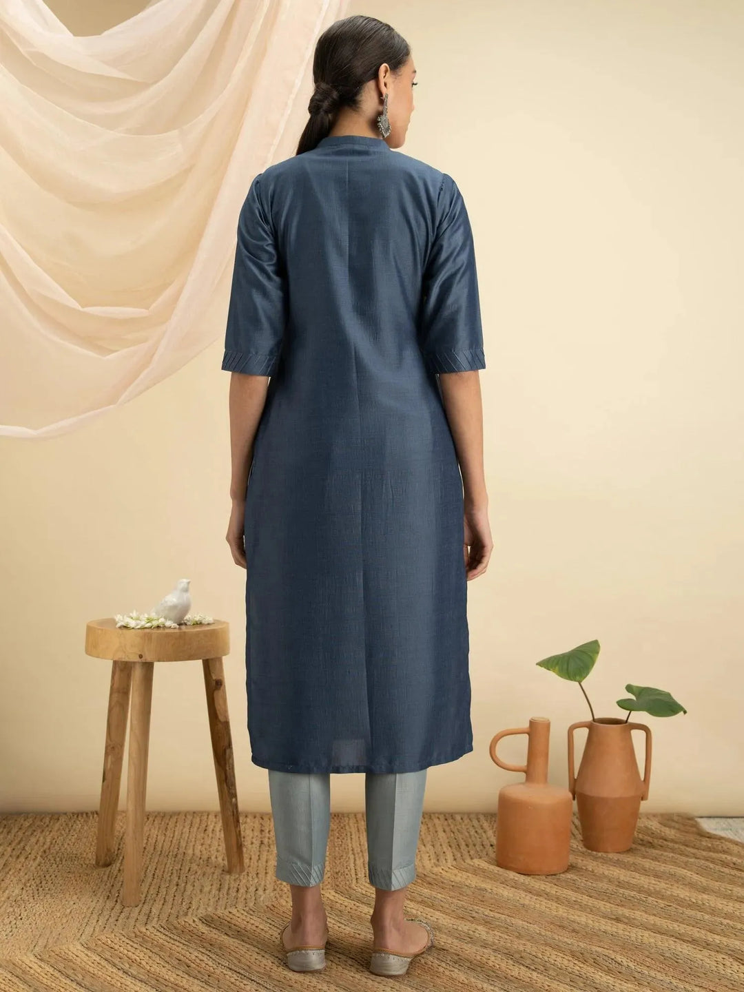 Blue Solid Silk Straight Kurta - Libas 
