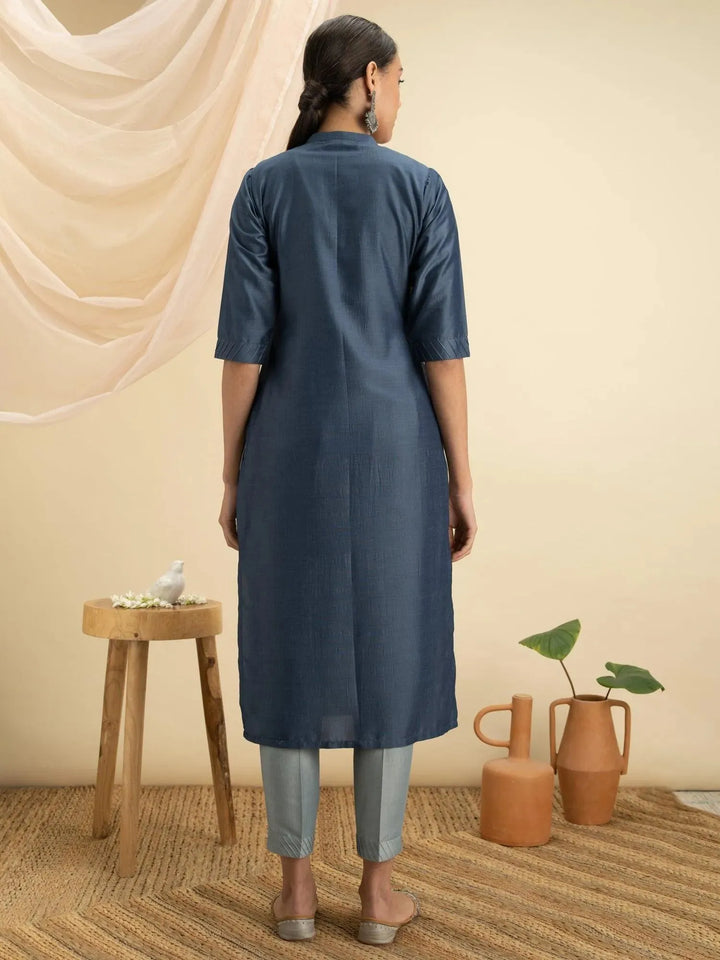 Blue Solid Silk Straight Kurta - Libas