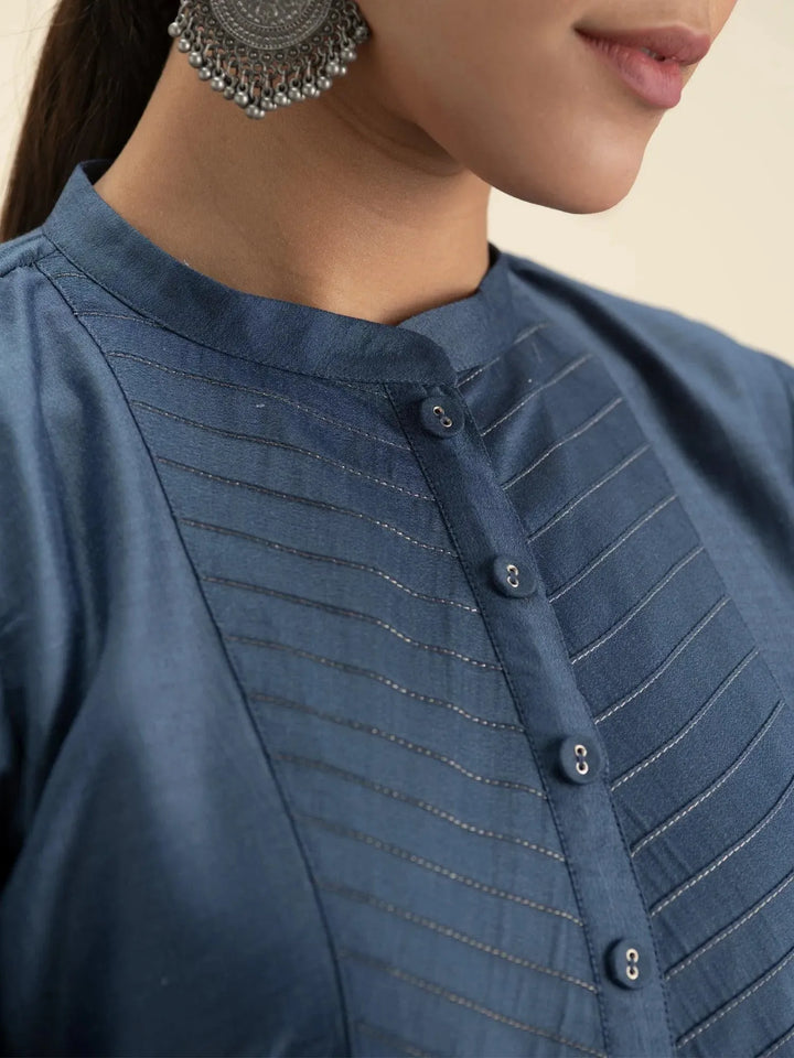 Blue Solid Silk Straight Kurta - Libas