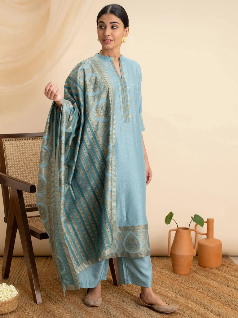 Libas Blue Solid Silk Straight Kurta With Palazzos & Dupatta