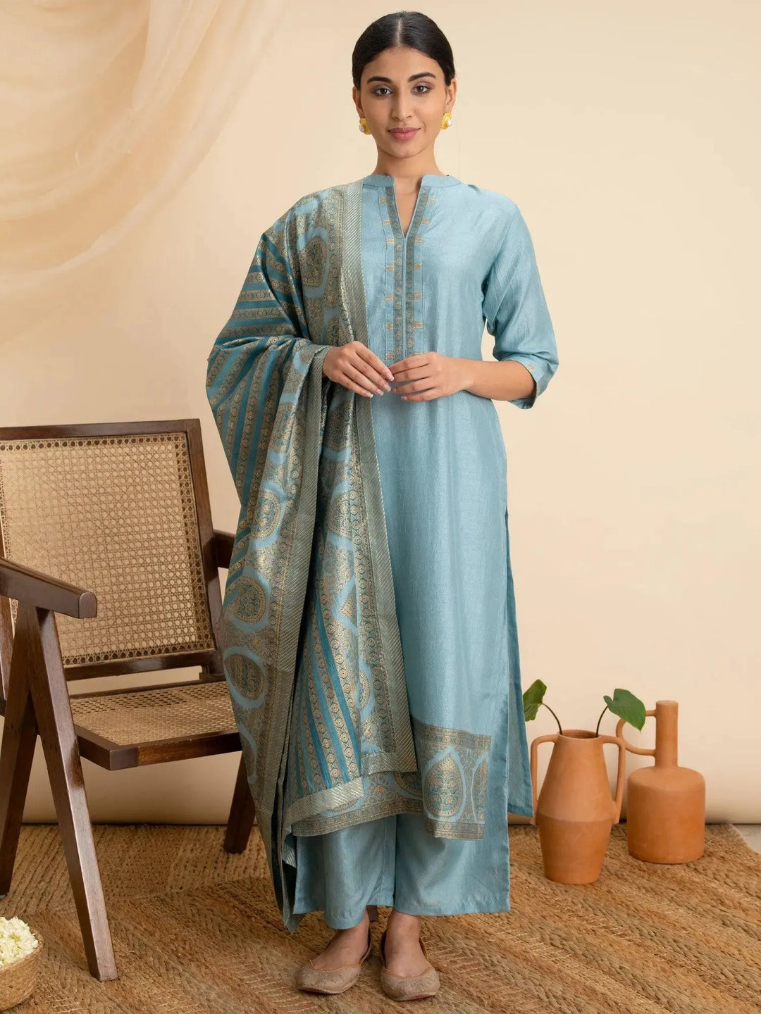 Blue Solid Silk Suit Set - Libas 