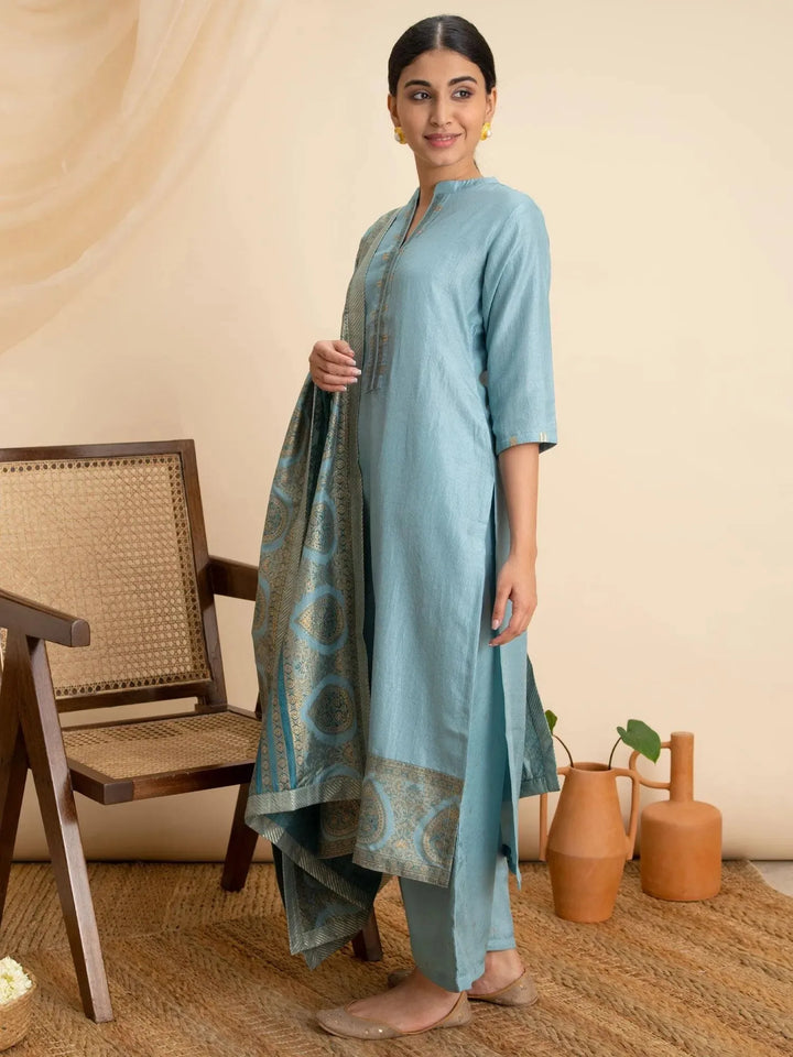 Blue Solid Silk Suit Set - Libas