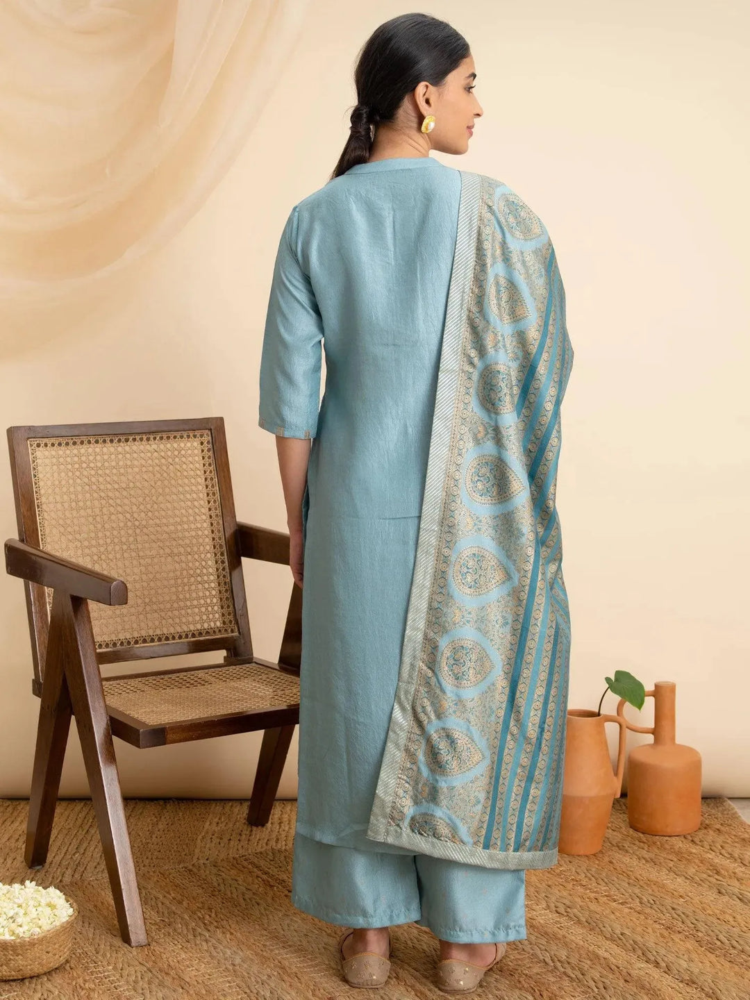 Blue Solid Silk Suit Set - Libas