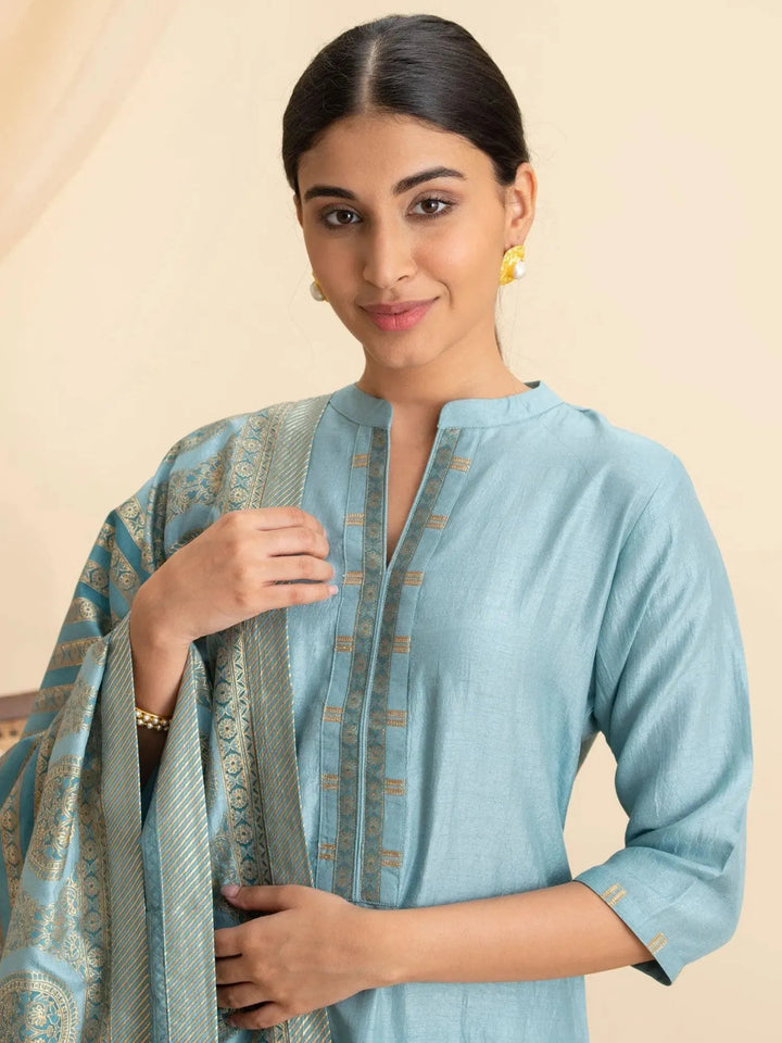 Blue Solid Silk Suit Set - Libas