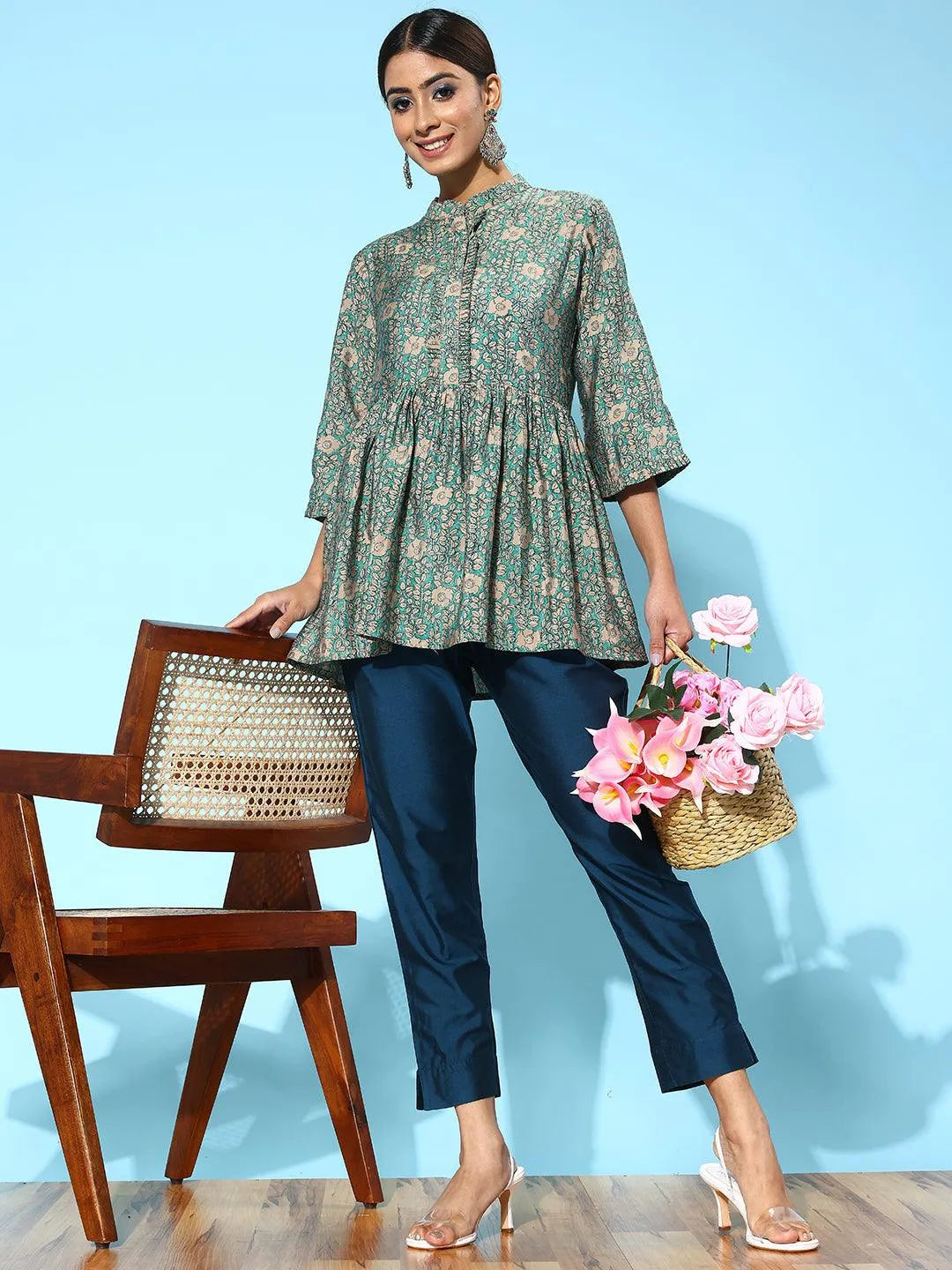 Butterfly Floral Silk Trousers Clear Blue main image 1