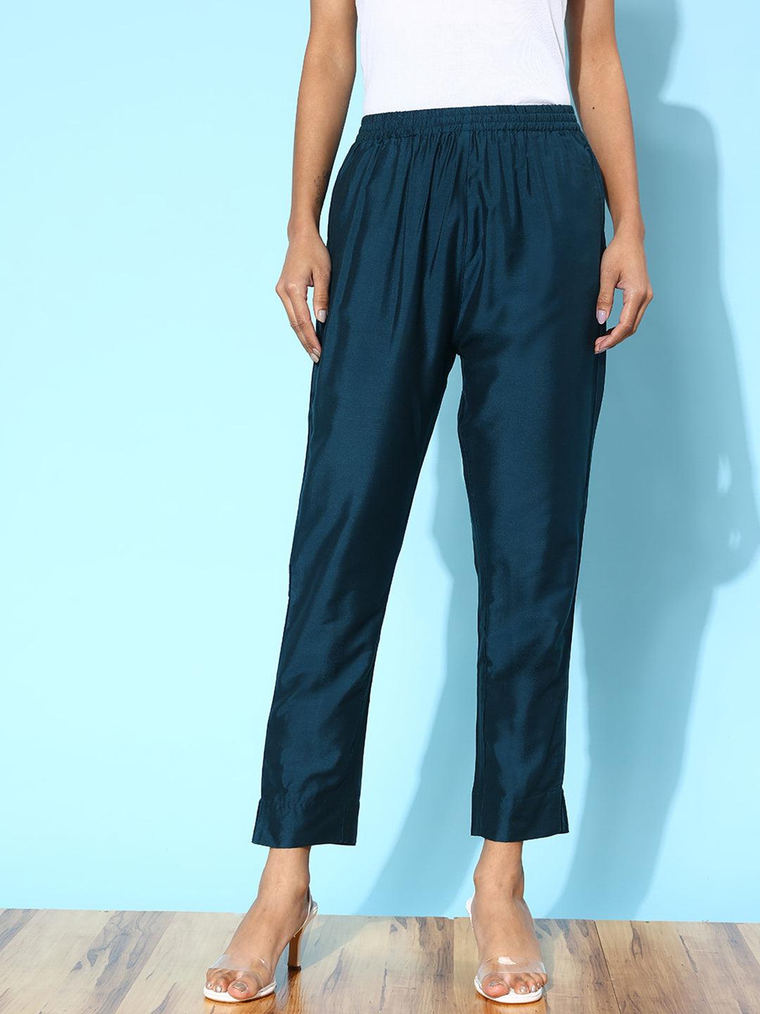 Blue Solid Silk Trousers - Libas