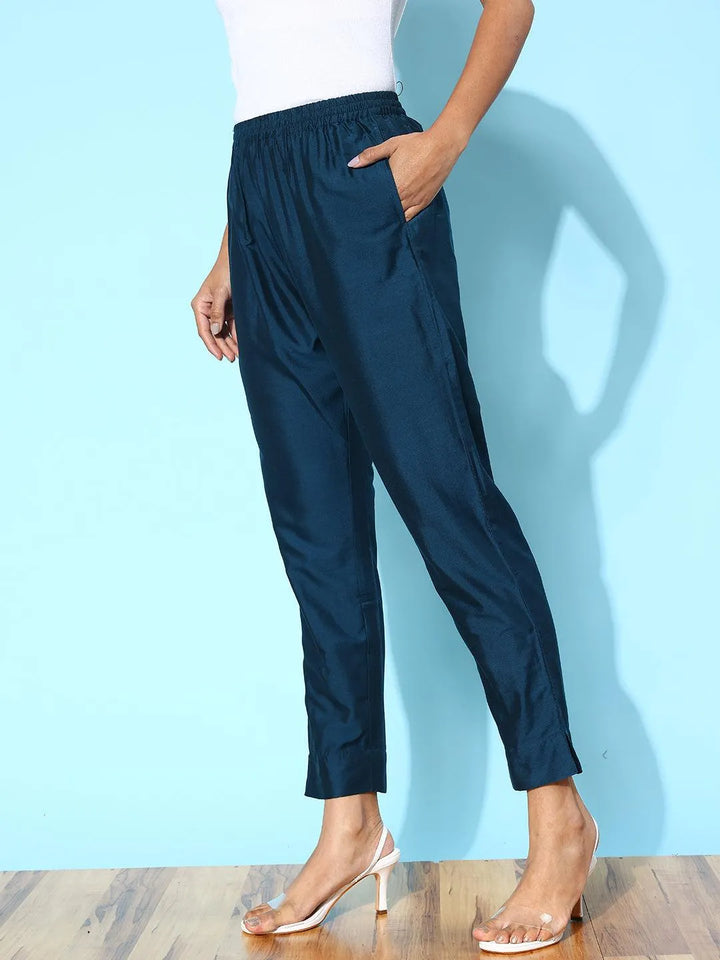 Blue Solid Silk Trousers - Libas