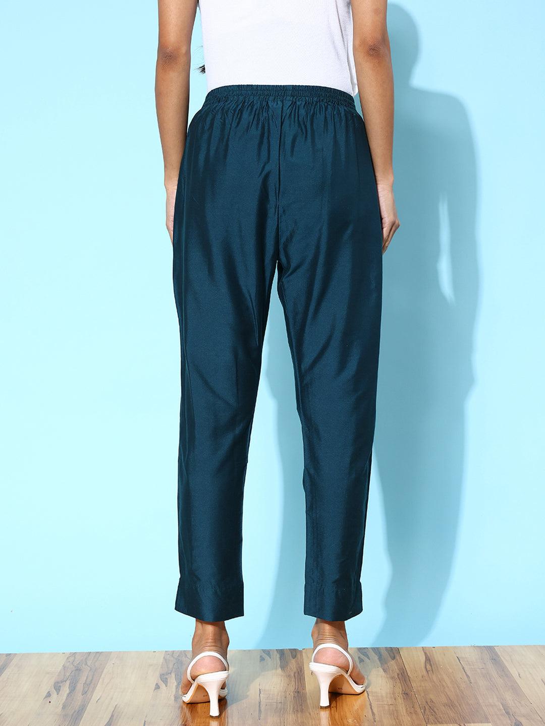 Blue Solid Silk Trousers