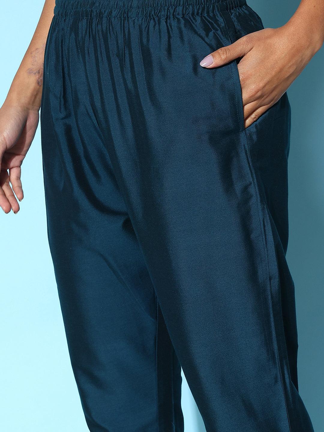Blue Solid Silk Trousers