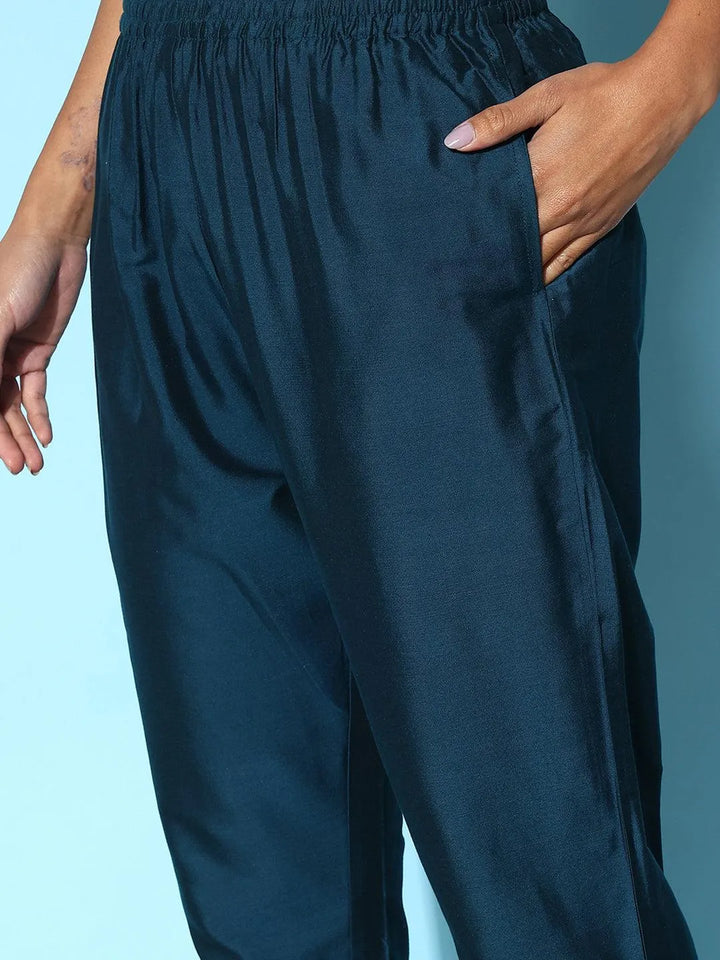 Blue Solid Silk Trousers - Libas