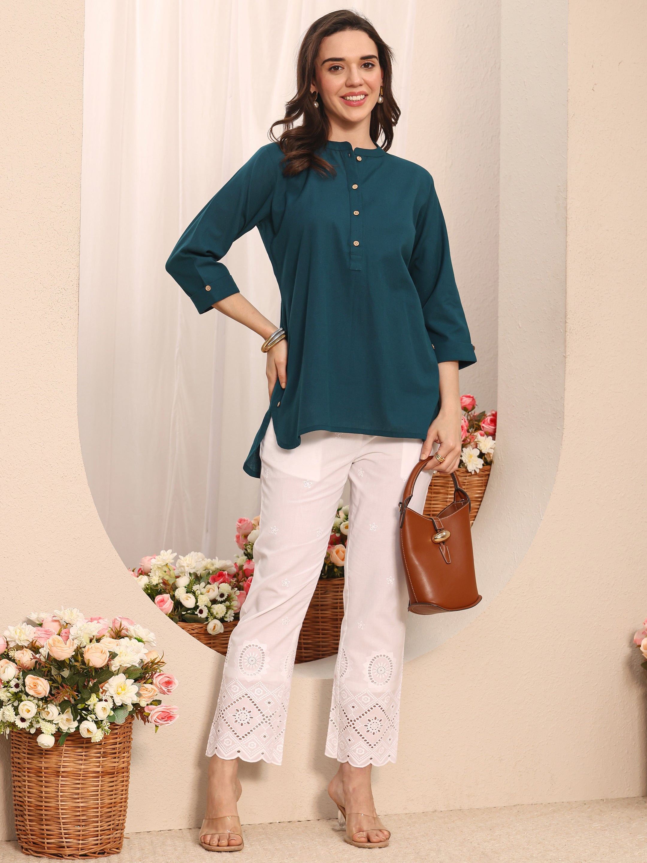 Blue Solid Solid Cotton Straight Short Kurti-image-12