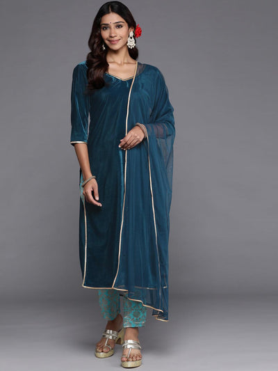 Blue Solid Velvet Straight Suit Set With Trousers - Libas