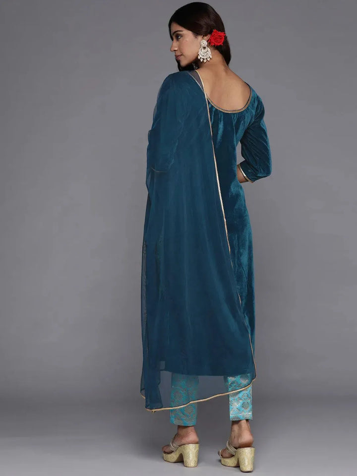 Blue Solid Velvet Straight Suit Set With Trousers - Libas