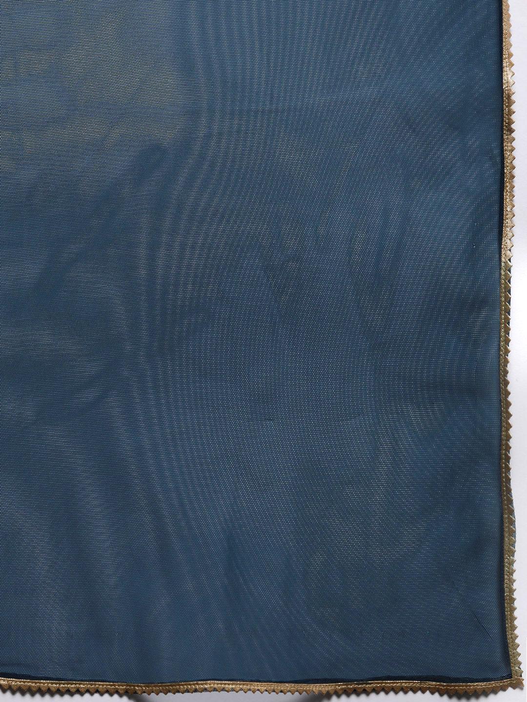 Blue Solid Velvet Straight Kurta With Trousers & Dupatta