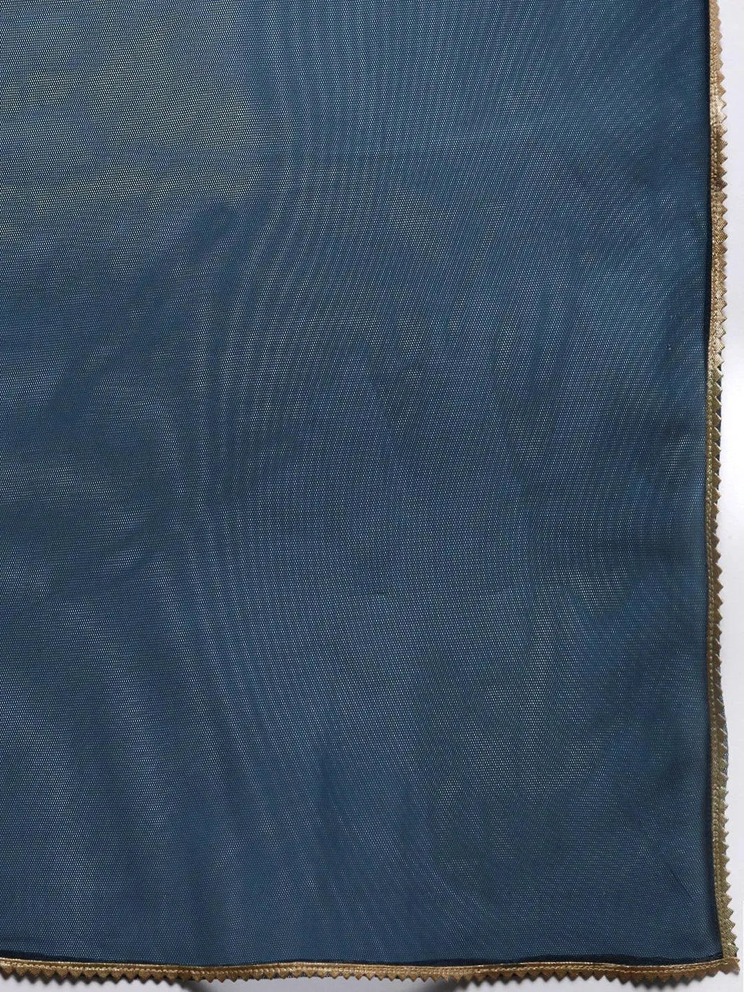 Blue Solid Velvet Straight Suit Set With Trousers - Libas 