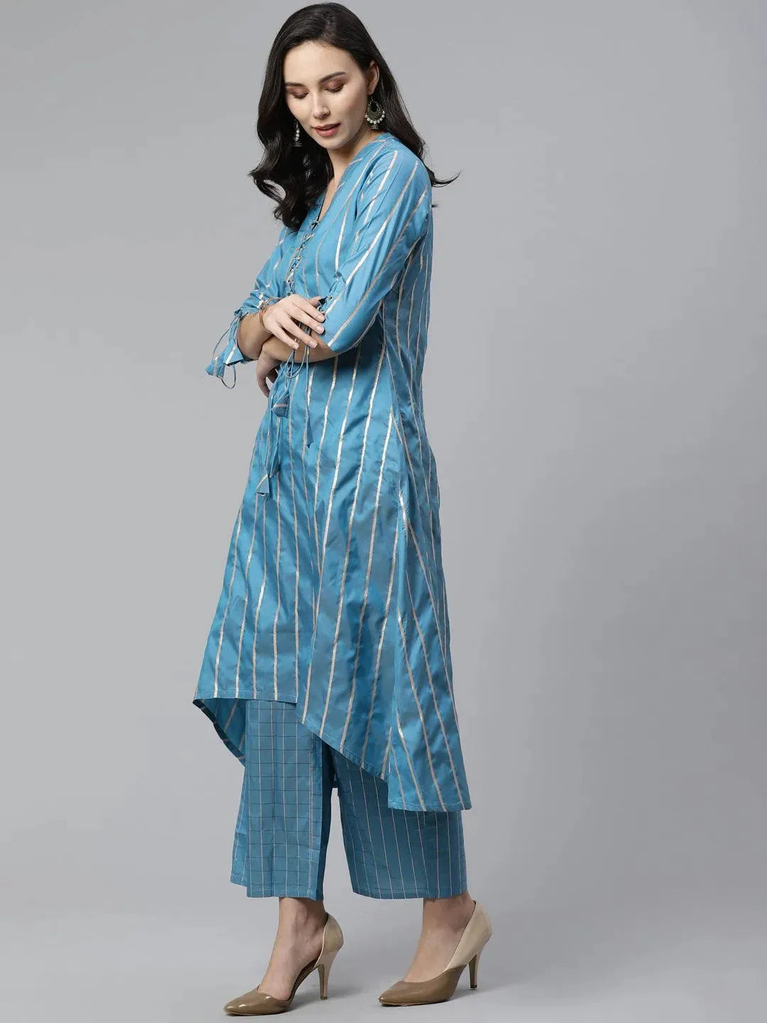 Blue Striped Chanderi Kurta Set - Libas 