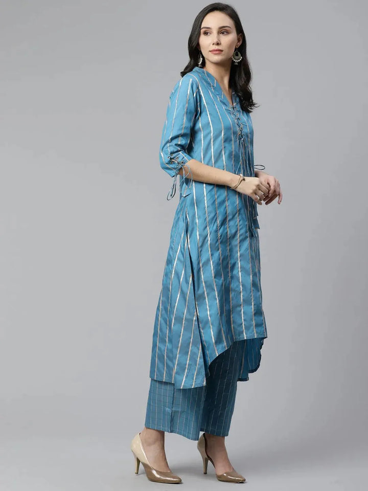 Blue Striped Chanderi Kurta Set - Libas