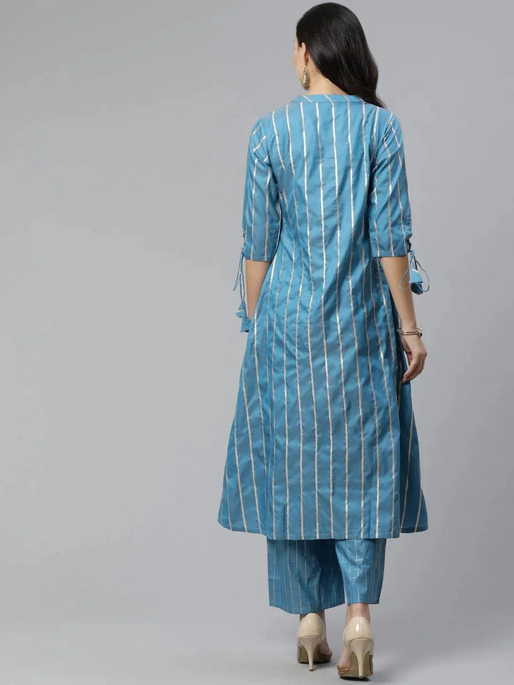 Blue Striped Chanderi Kurta Set - Libas