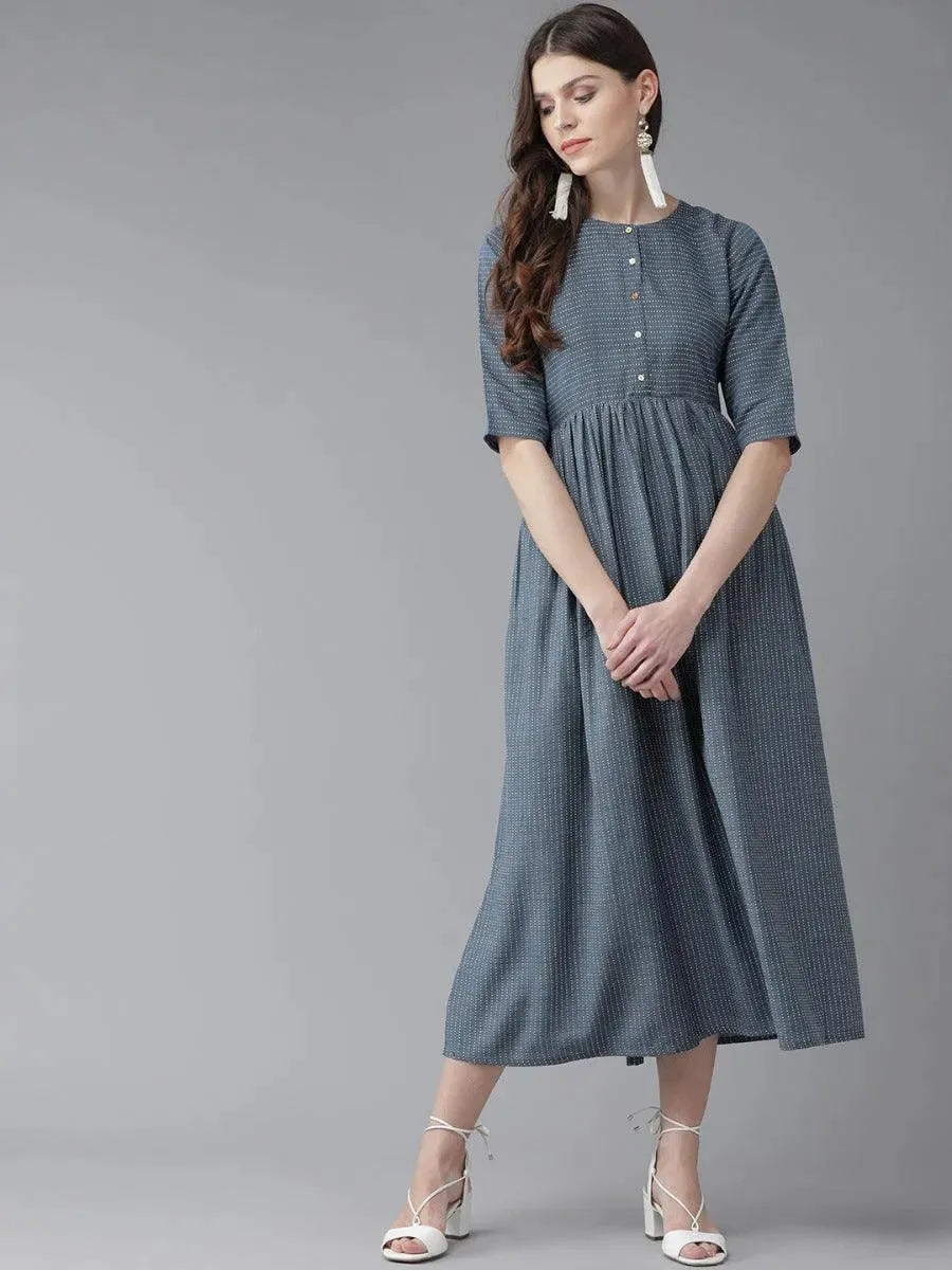 Blue Striped Cotton Dress - Libas