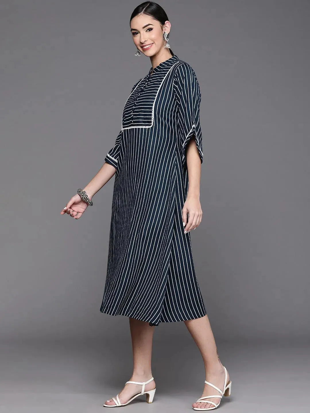 Blue Striped Cotton Dress - Libas