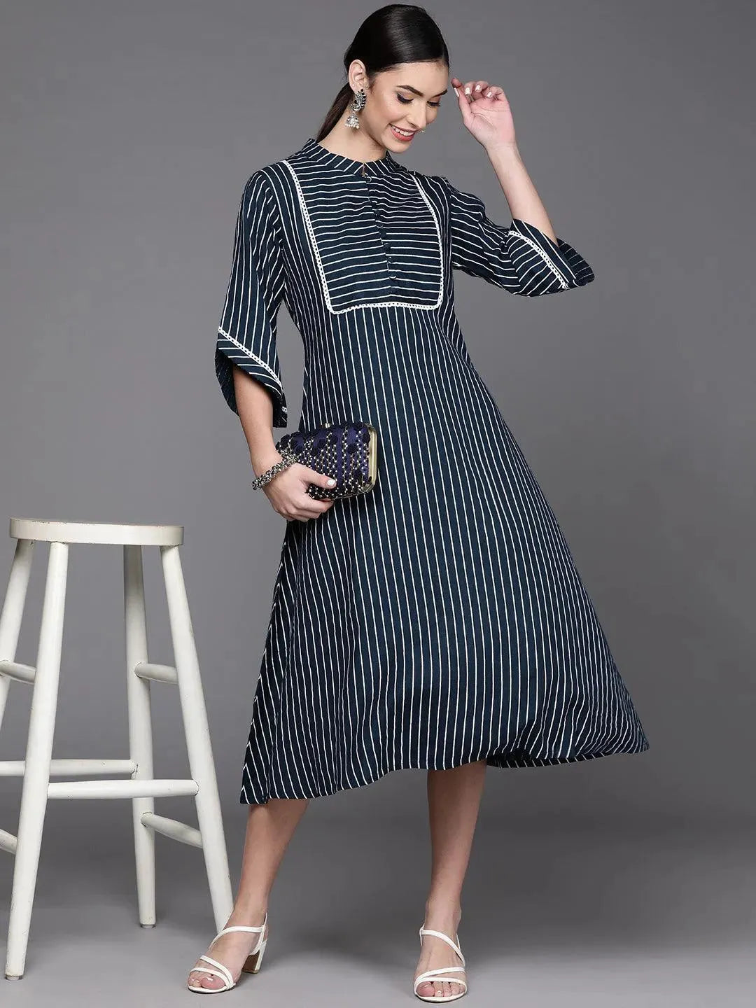 Blue Striped Cotton Dress - Libas 