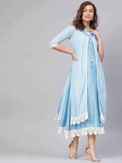 Blue Striped Cotton Dress With Jacket - Libas