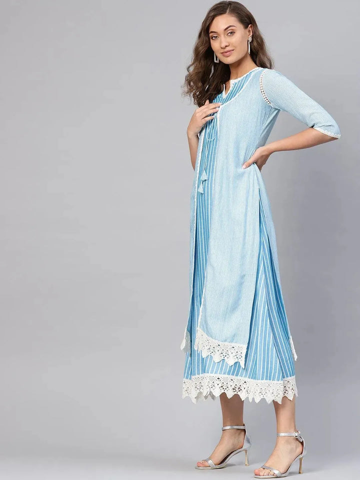 Blue Striped Cotton Dress With Jacket - Libas