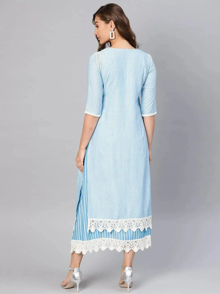 Blue Striped Cotton Dress With Jacket - Libas