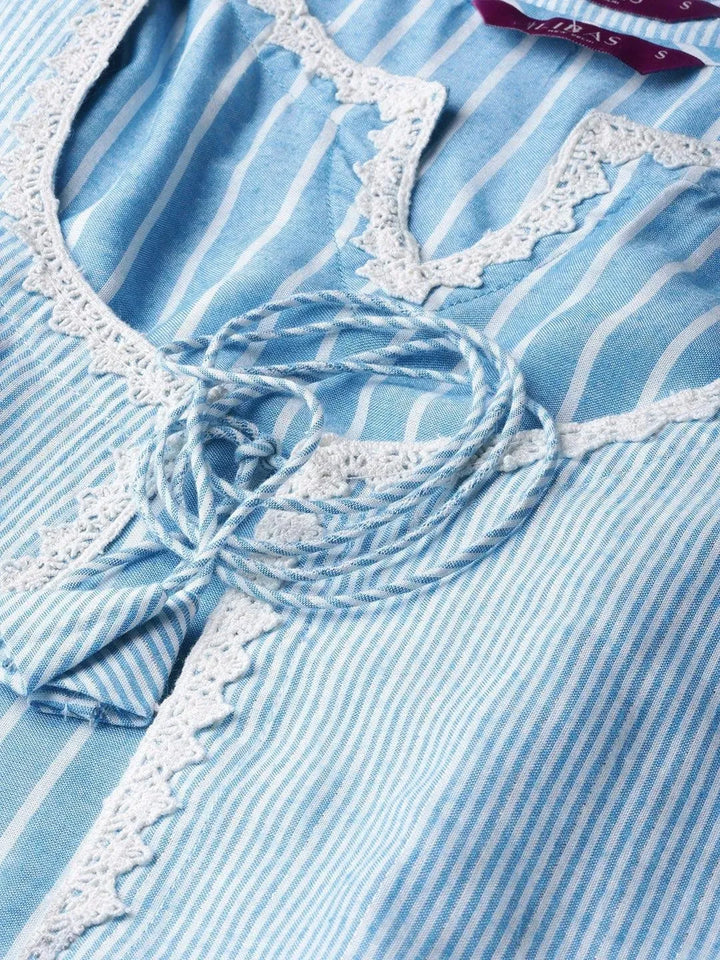 Blue Striped Cotton Dress With Jacket - Libas