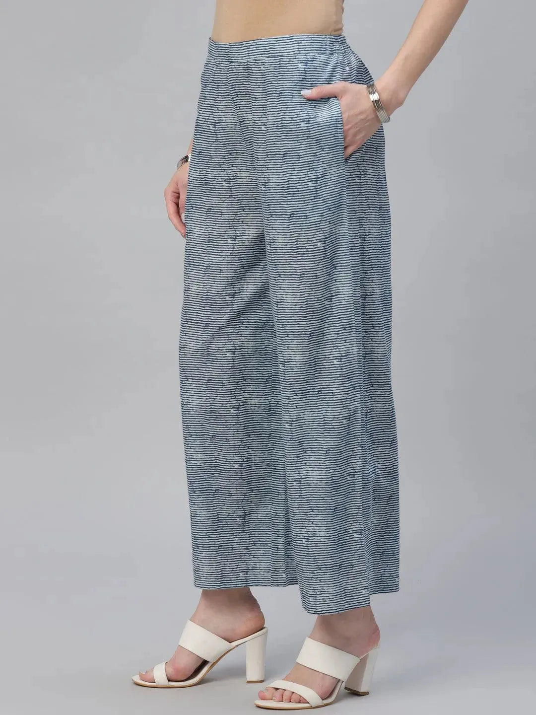 Blue Striped Cotton Palazzos - Libas 