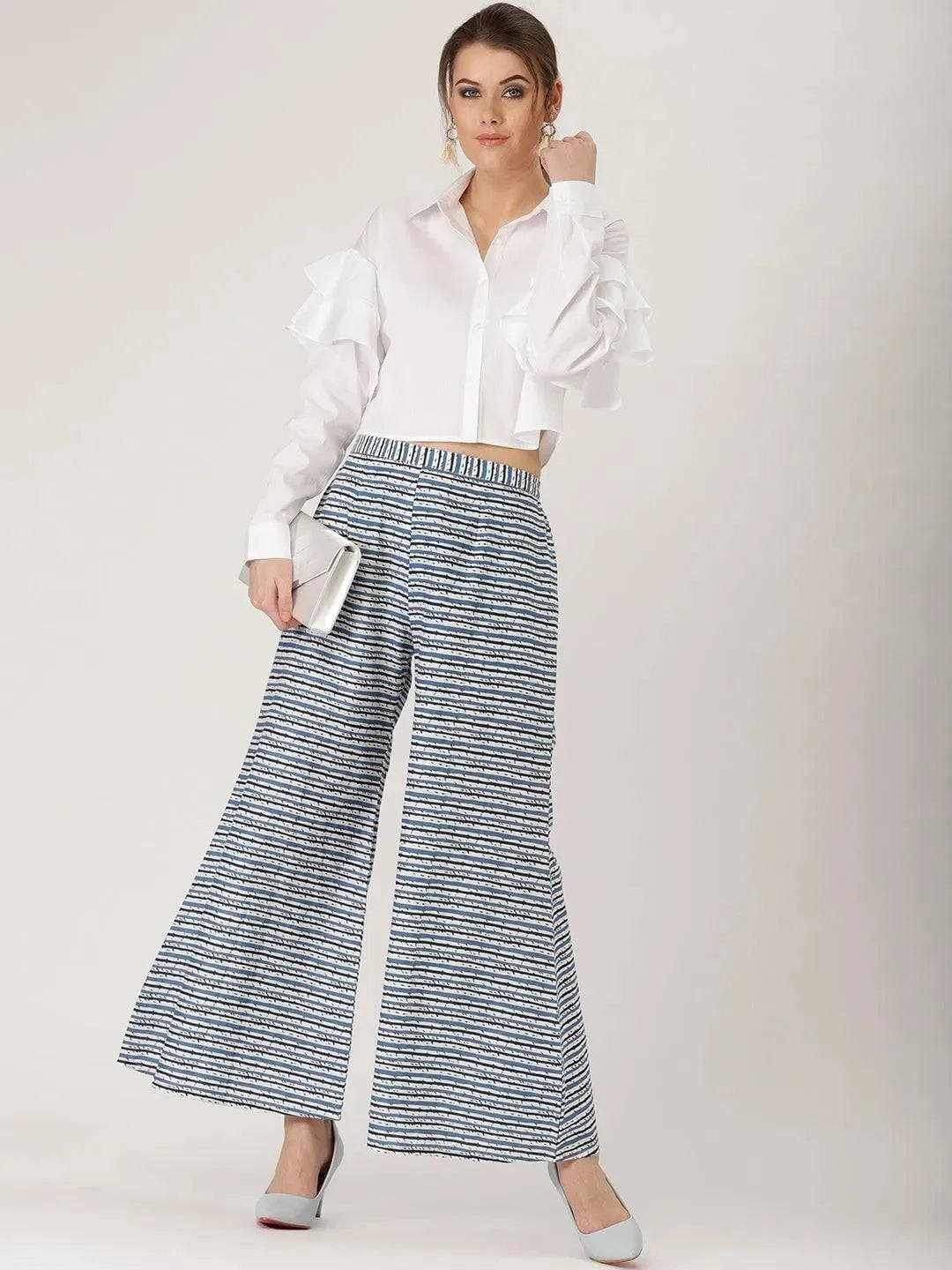 Blue Striped Cotton Palazzos - Libas