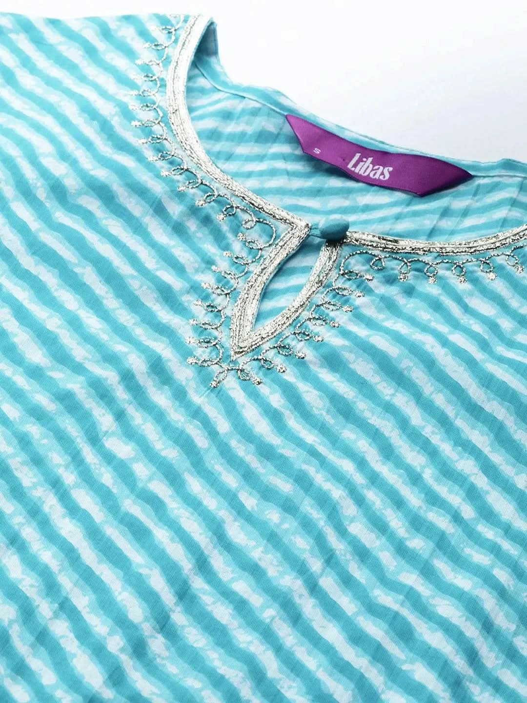 Blue Striped Cotton Straight Kurta - Libas 