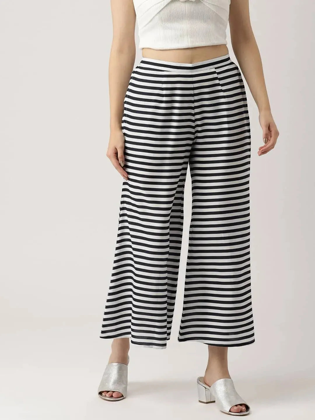 Blue Striped Crepe Palazzos - Libas