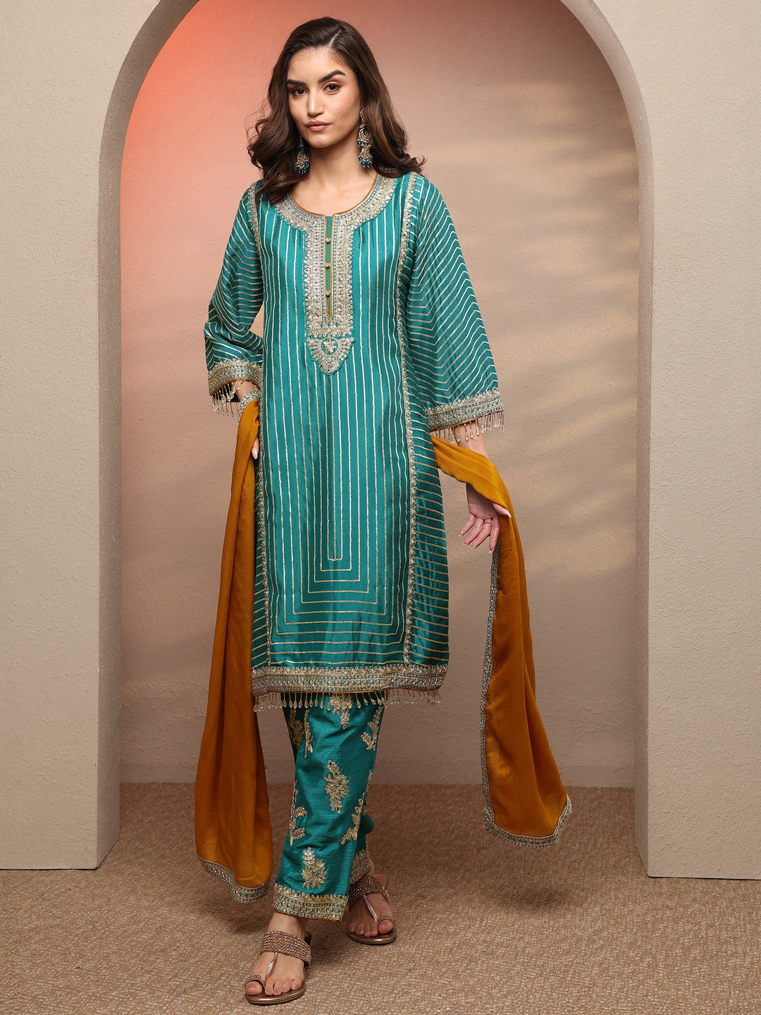 Blue Striped Embellished Silk Blend Suit Set With Dupatta