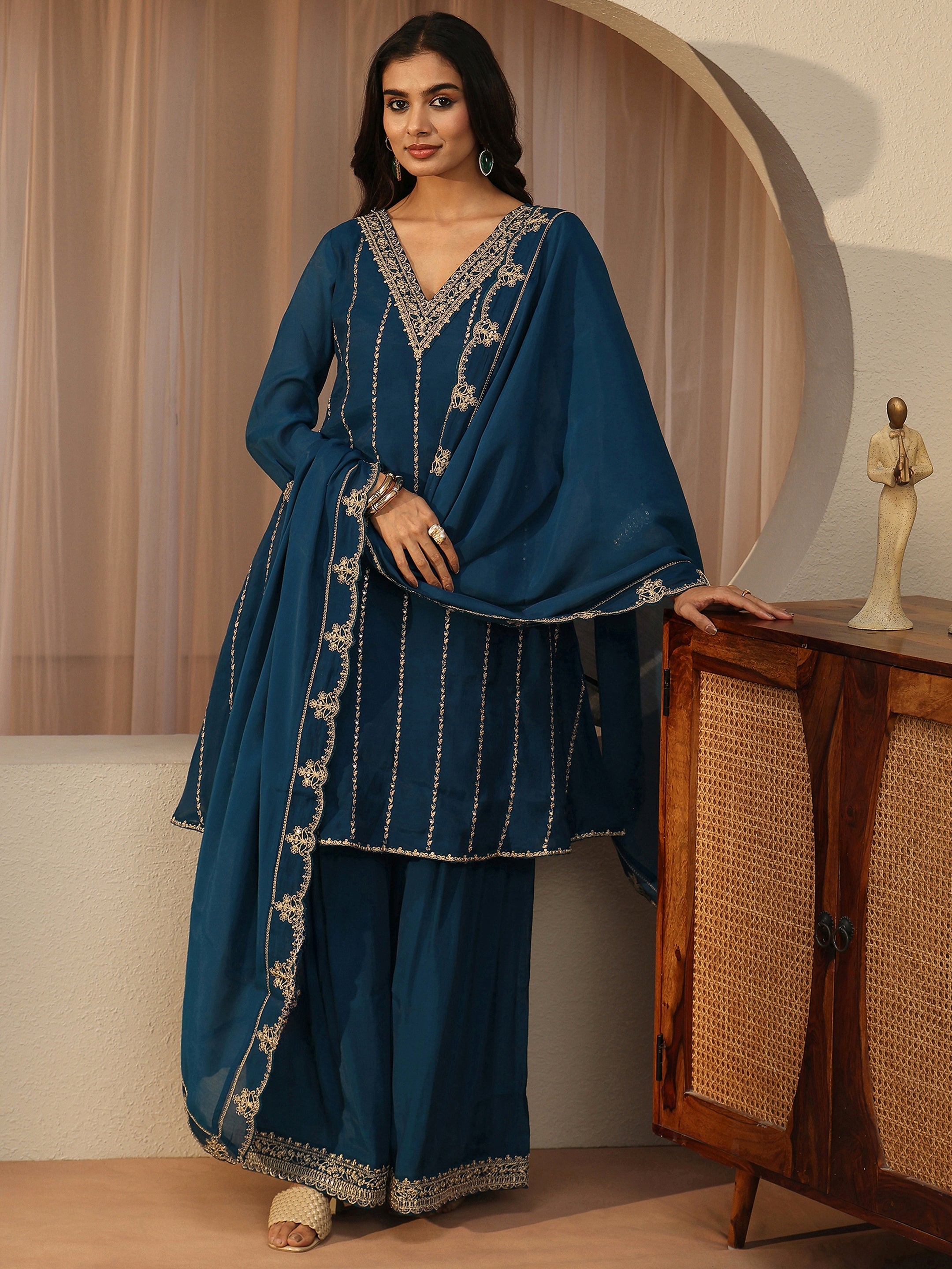 Blue Ethnic Embroidered Chanderi Cotton A-line Suit Set-image-3