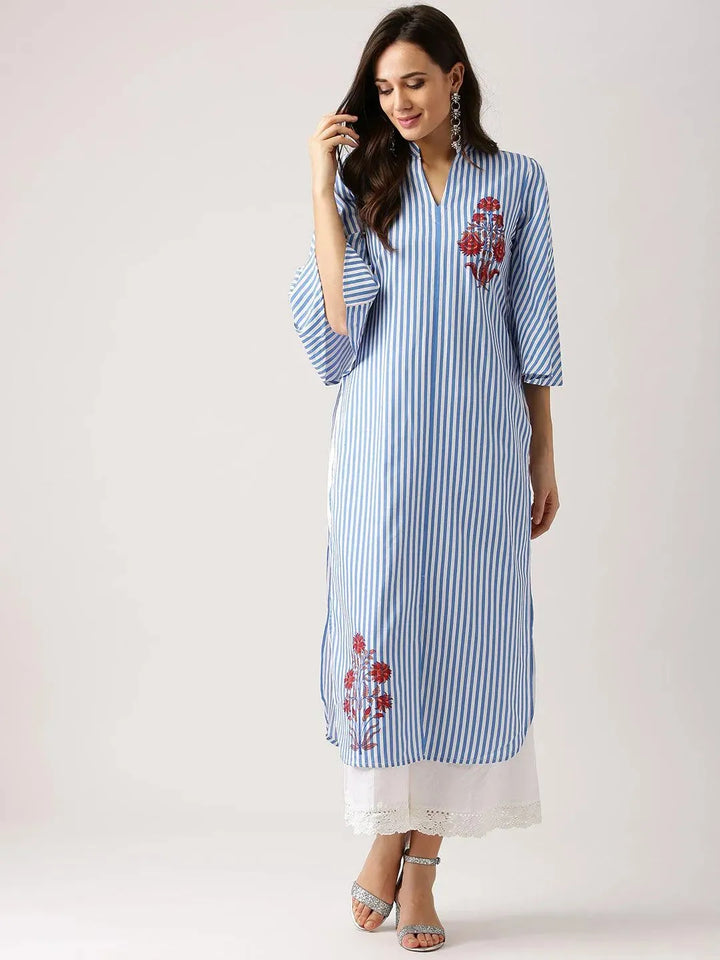 Blue Striped Polyester Kurta - Libas