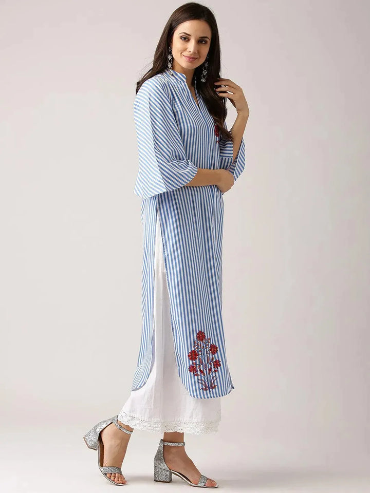 Blue Striped Polyester Kurta - Libas
