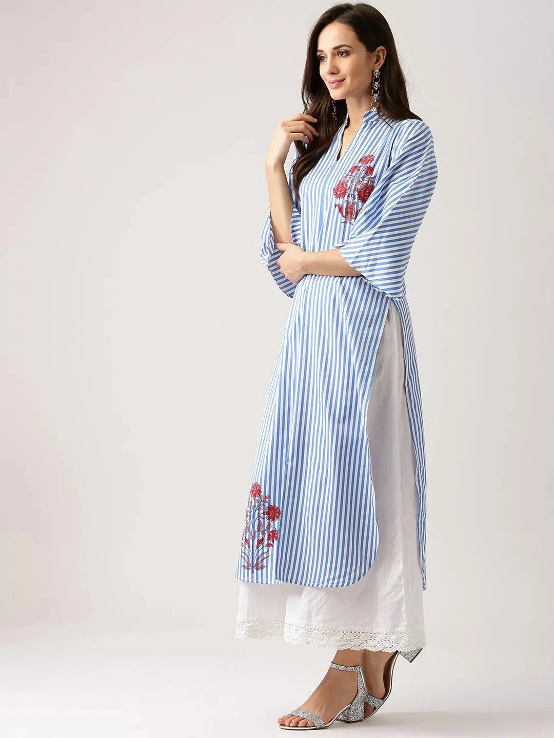 Blue Striped Polyester Kurta - Libas 