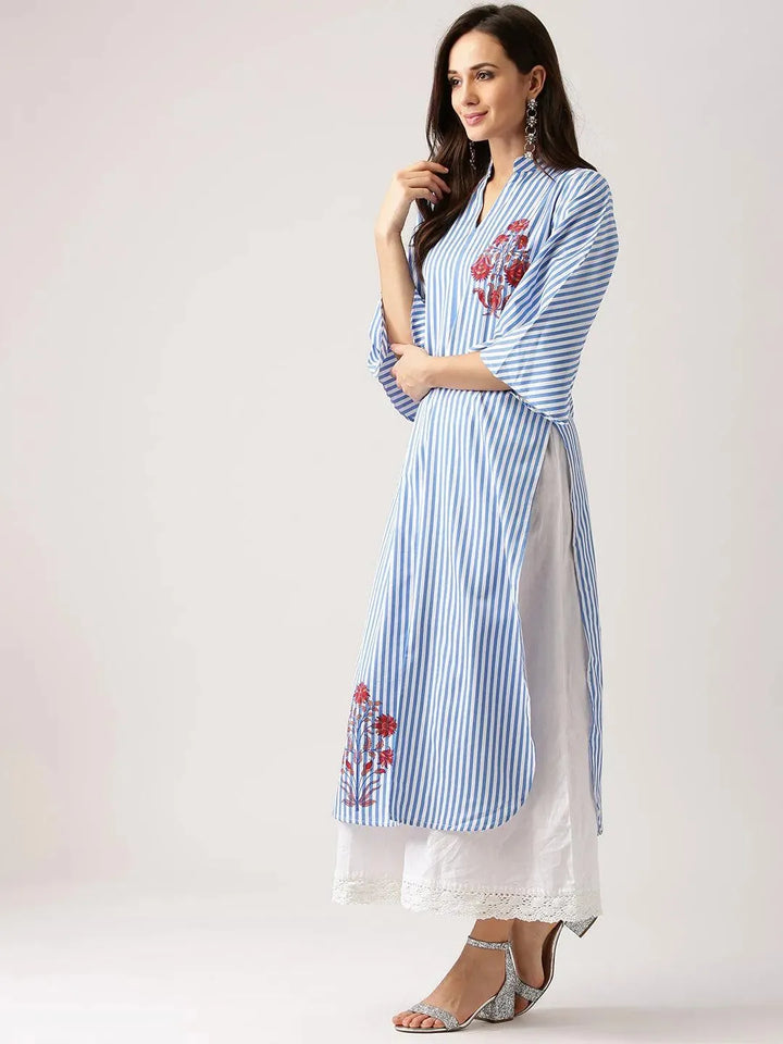 Blue Striped Polyester Kurta - Libas