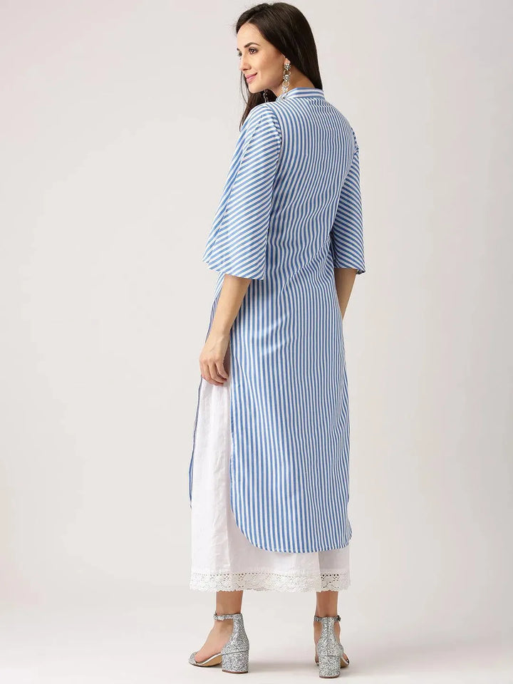 Blue Striped Polyester Kurta - Libas