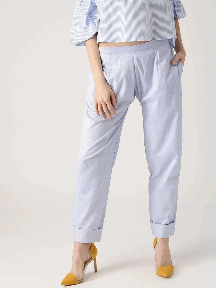 Blue Striped Polyester Trousers - Libas