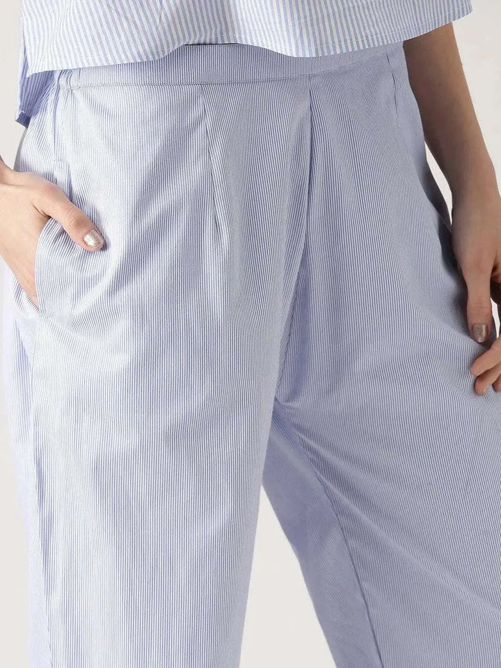 Blue Striped Polyester Trousers - Libas
