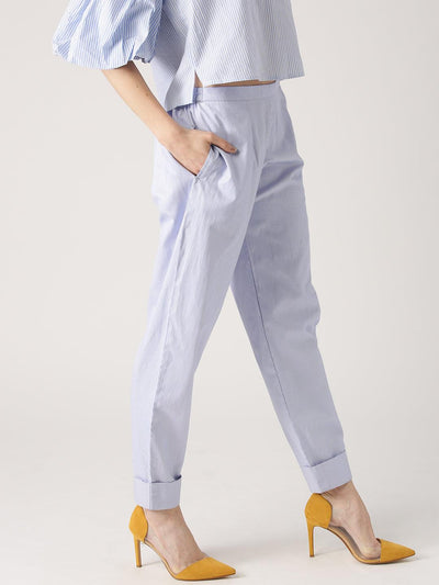 Blue Striped Polyester Trousers - Libas