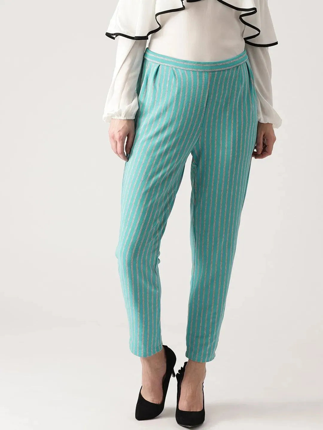 Blue Striped Polyester Trousers - Libas