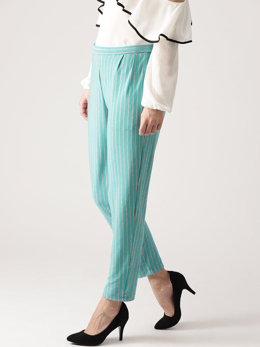 Blue Striped Polyester Trousers