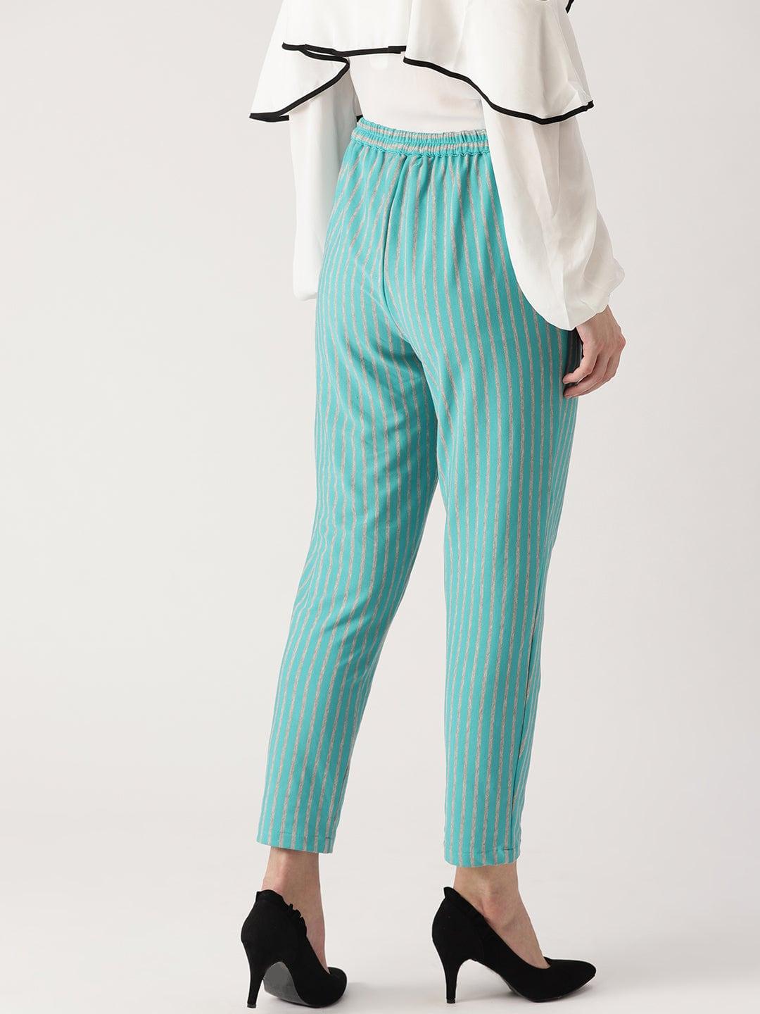 Blue Striped Polyester Trousers
