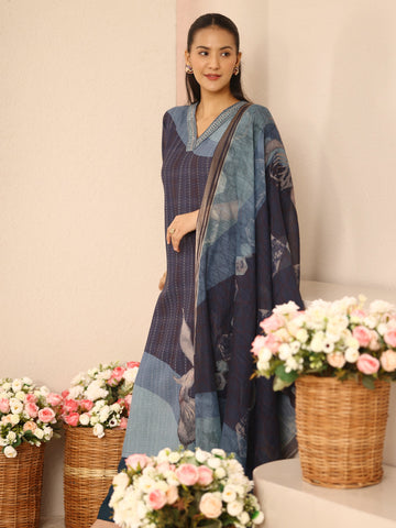 Libas Blue Striped Printed Linen Straight Suit Set With Dupatta